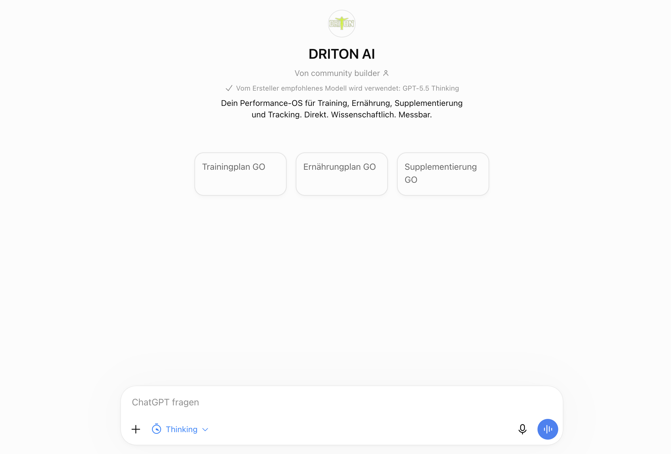 Einblick in DRITON AI mit den Einstiegen Trainingsplan, Ernährungsplan und Supplementierung